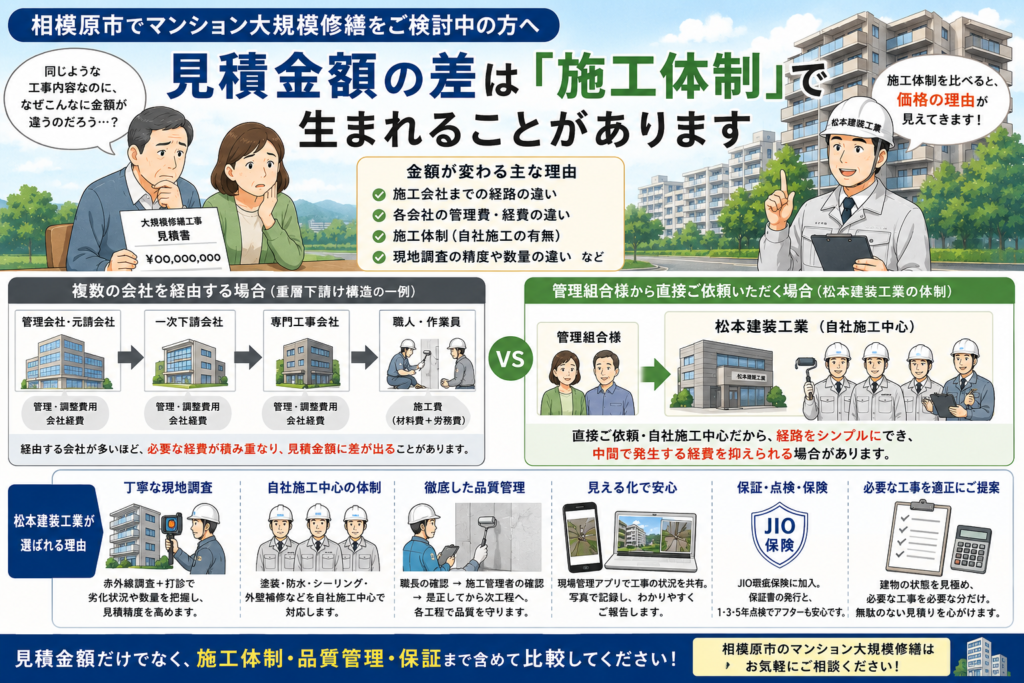相模原市でマンション大規模修繕をご検討中の方へ|見積金額の差は「施工体制」で生まれることがあります